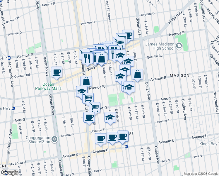 map of restaurants, bars, coffee shops, grocery stores, and more near 1835 East 15th Street in Brooklyn