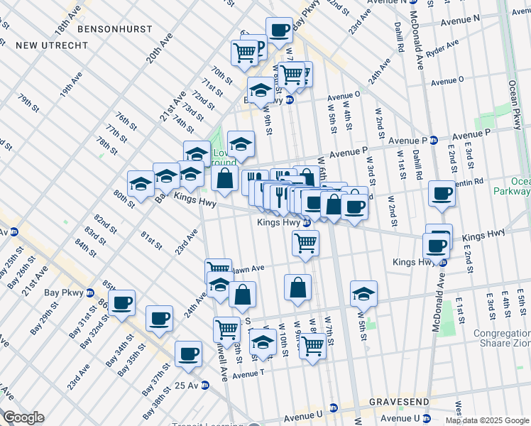 map of restaurants, bars, coffee shops, grocery stores, and more near Kings Highway & West 10th Street in Brooklyn