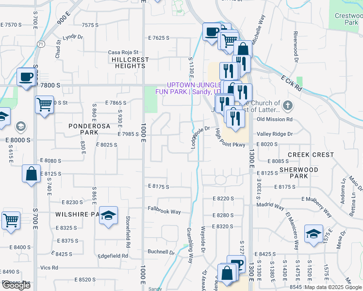 map of restaurants, bars, coffee shops, grocery stores, and more near 1111 8050 South in Sandy
