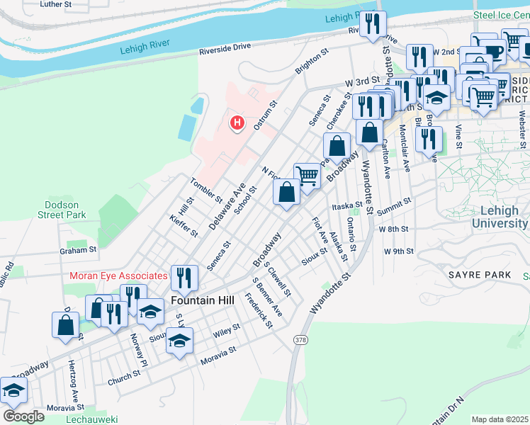 map of restaurants, bars, coffee shops, grocery stores, and more near 901 Long Street in Fountain Hill