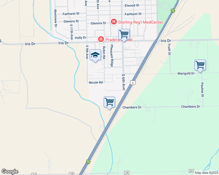 map of restaurants, bars, coffee shops, grocery stores, and more near 620 Oleander Way in Sterling