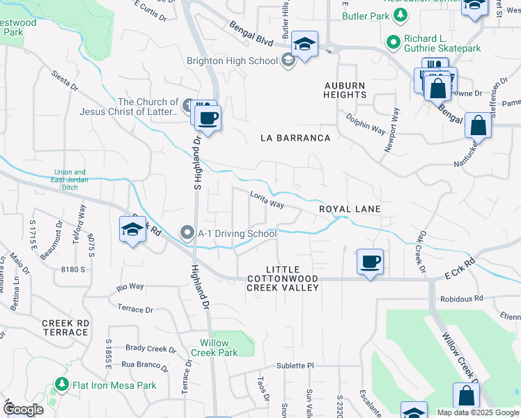 map of restaurants, bars, coffee shops, grocery stores, and more near 2147 Stream View Drive in Sandy