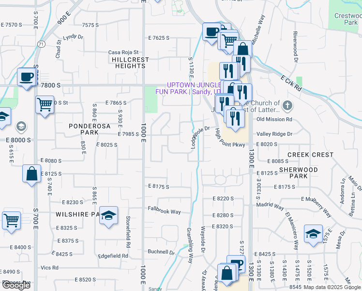 map of restaurants, bars, coffee shops, grocery stores, and more near 1111 8050 South in Sandy