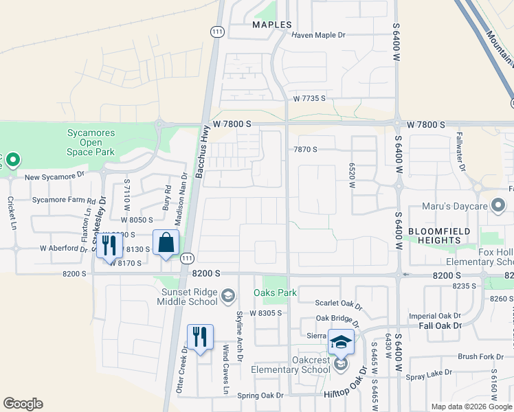 map of restaurants, bars, coffee shops, grocery stores, and more near 8032 Bettingson Drive in West Jordan