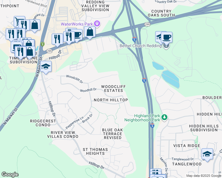 map of restaurants, bars, coffee shops, grocery stores, and more near 416 Woodhill Drive in Redding