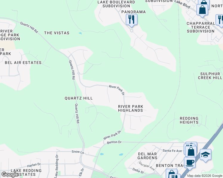 map of restaurants, bars, coffee shops, grocery stores, and more near 273 Shadowrun Ct in Redding