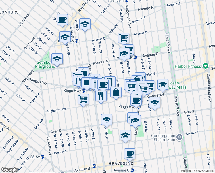 map of restaurants, bars, coffee shops, grocery stores, and more near 355 Kings Highway in Brooklyn