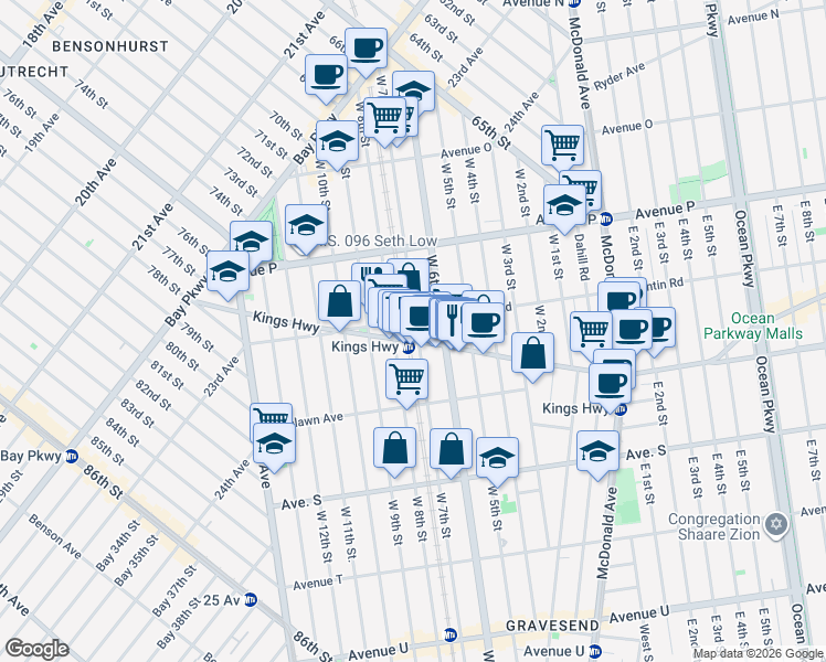 map of restaurants, bars, coffee shops, grocery stores, and more near 284 Kings Highway in Brooklyn