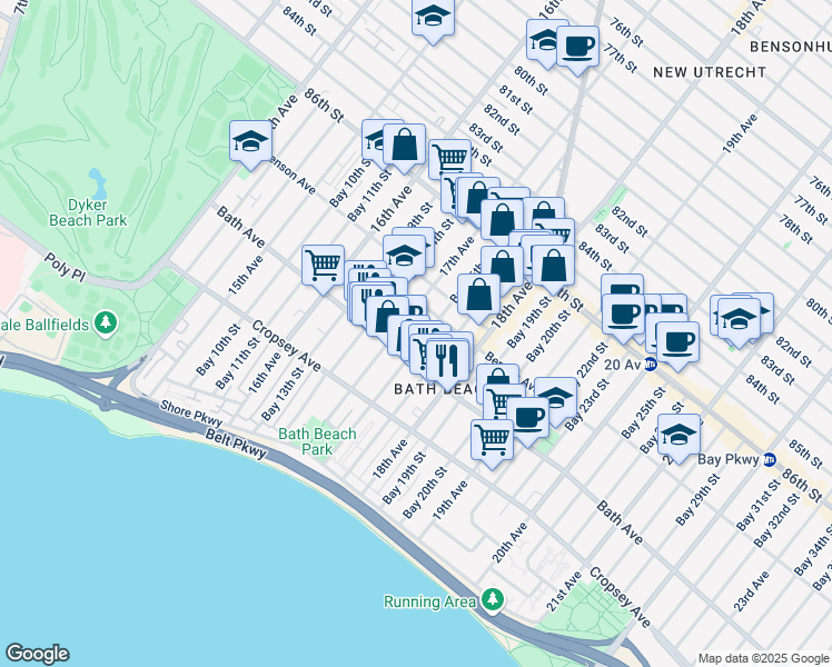 map of restaurants, bars, coffee shops, grocery stores, and more near 8753 Bay 16th Street in Brooklyn