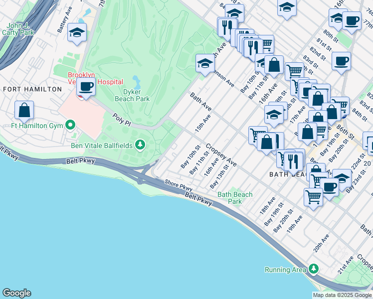 map of restaurants, bars, coffee shops, grocery stores, and more near 8921 15th Avenue in Brooklyn