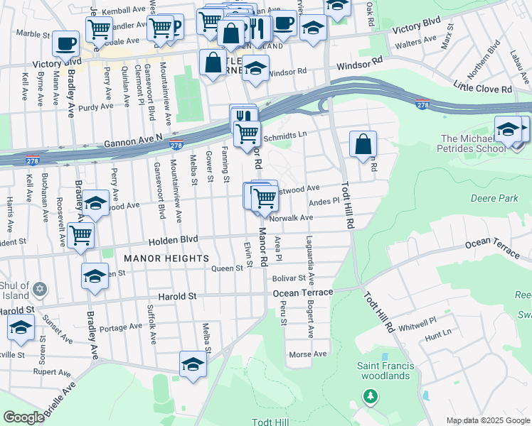 map of restaurants, bars, coffee shops, grocery stores, and more near 876 Manor Road in Staten Island