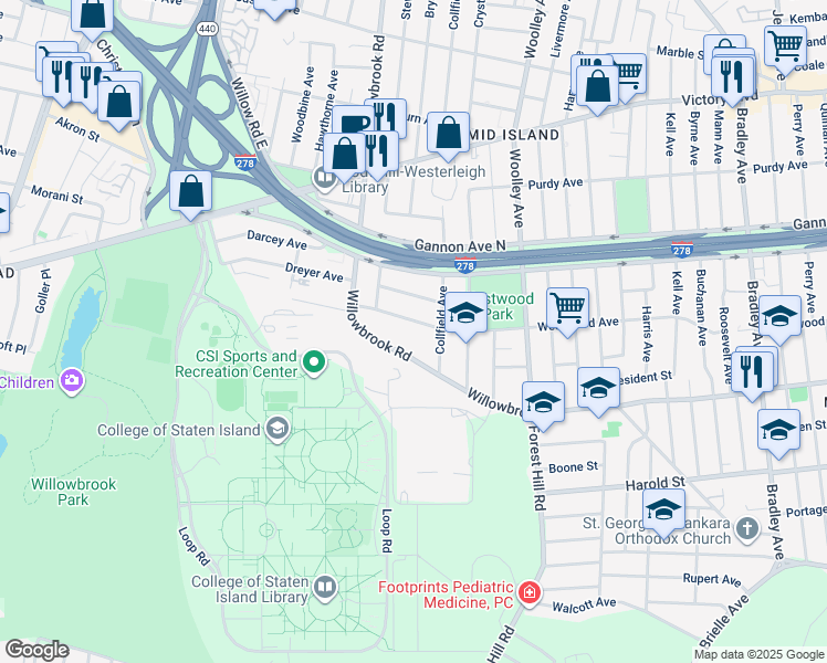 map of restaurants, bars, coffee shops, grocery stores, and more near 845 Willowbrook Road in Staten Island