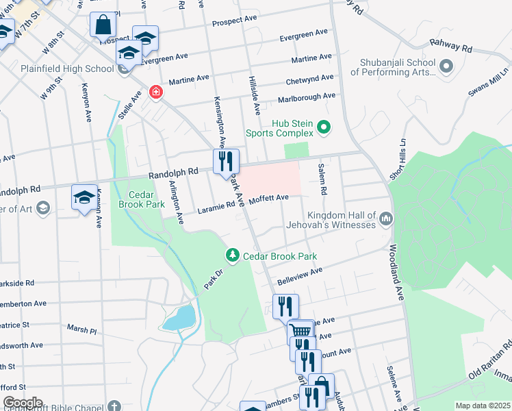 map of restaurants, bars, coffee shops, grocery stores, and more near 1267 Park Avenue in Plainfield