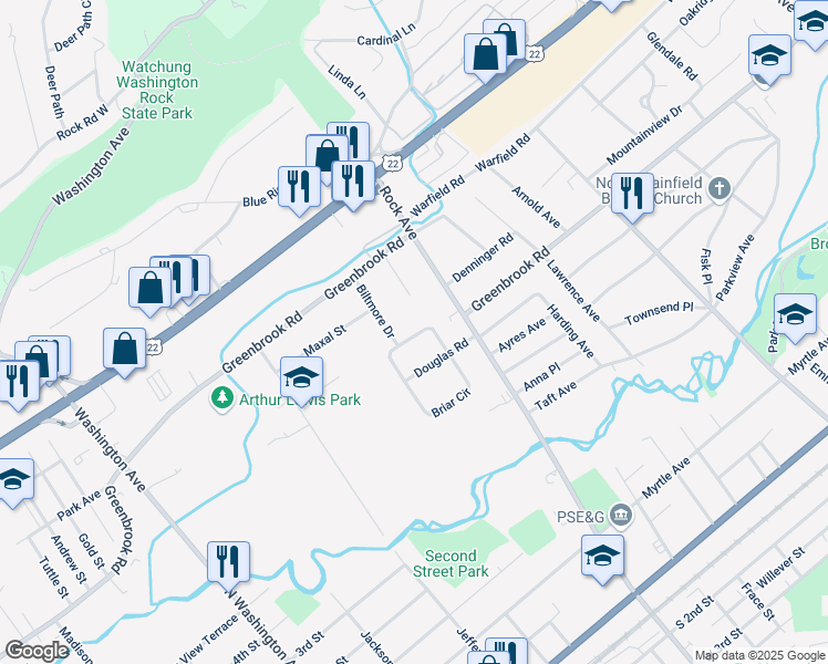 map of restaurants, bars, coffee shops, grocery stores, and more near 11 Briar Circle in Green Brook Township