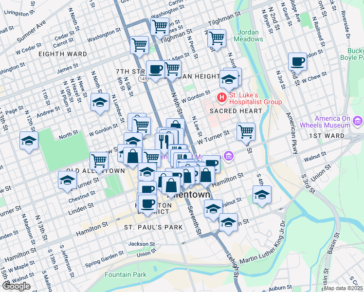 map of restaurants, bars, coffee shops, grocery stores, and more near 202 North 7th Street in Allentown