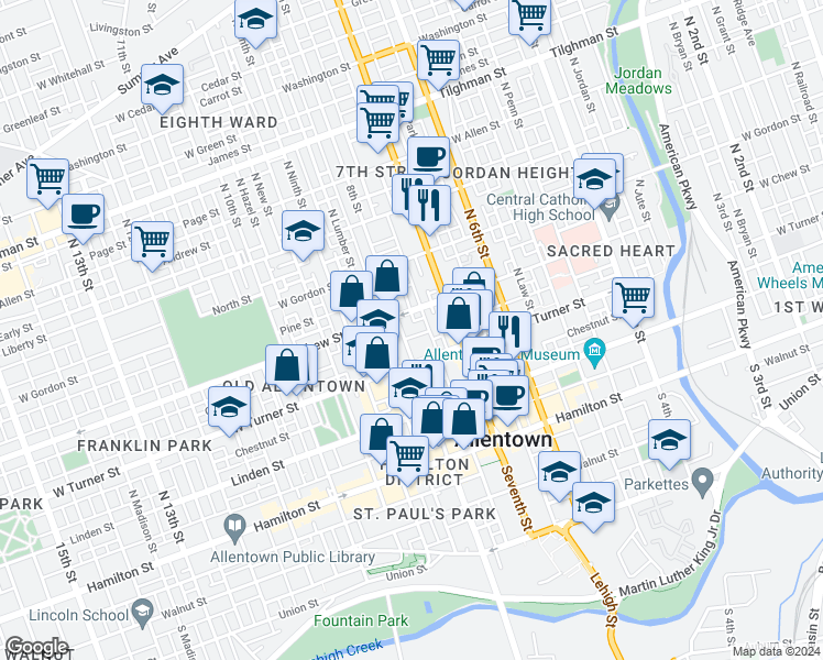 map of restaurants, bars, coffee shops, grocery stores, and more near 216 North Eighth Street in Allentown