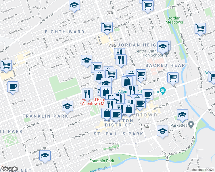 map of restaurants, bars, coffee shops, grocery stores, and more near 216 North Eighth Street in Allentown
