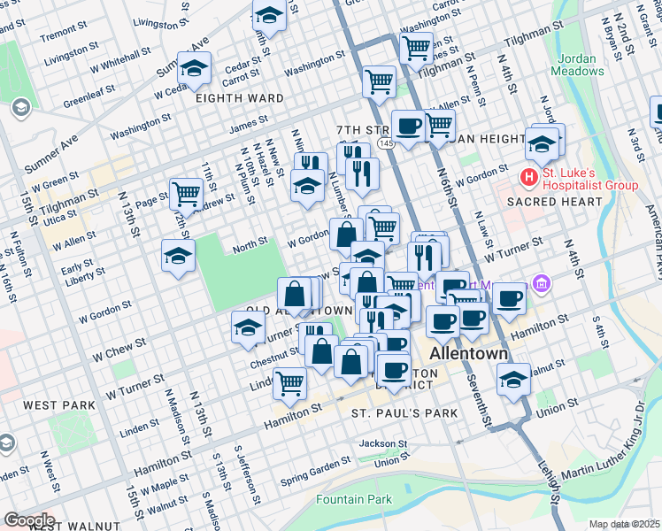 map of restaurants, bars, coffee shops, grocery stores, and more near 928 West Chew Street in Allentown