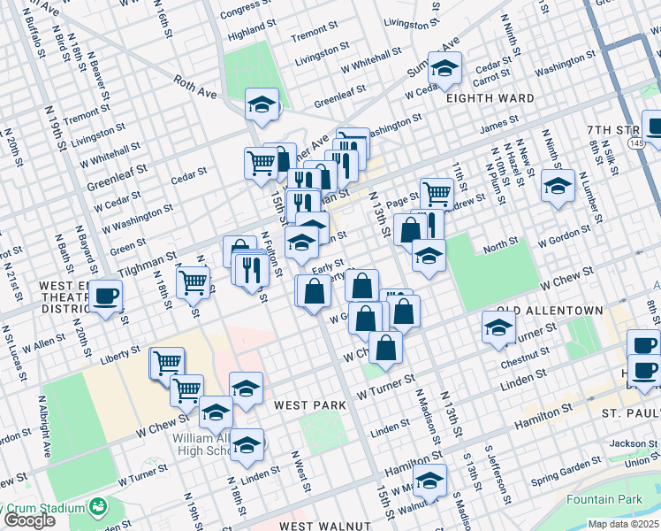 map of restaurants, bars, coffee shops, grocery stores, and more near 1429 Liberty Street in Allentown
