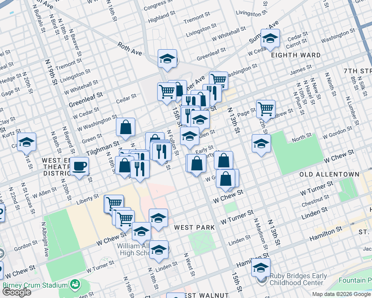 map of restaurants, bars, coffee shops, grocery stores, and more near 1509 Early Street in Allentown