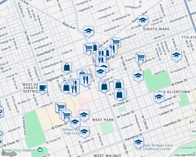 map of restaurants, bars, coffee shops, grocery stores, and more near 1509 Early Street in Allentown