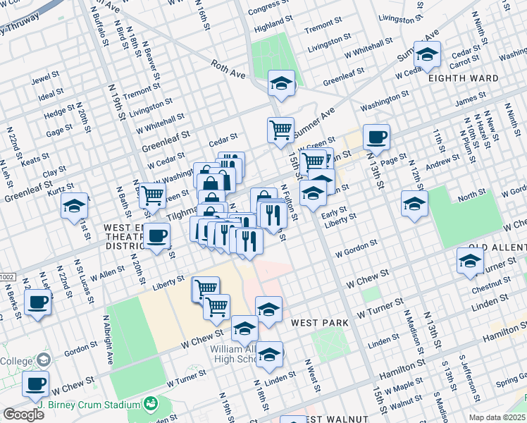 map of restaurants, bars, coffee shops, grocery stores, and more near 1616 Allen Street in Allentown