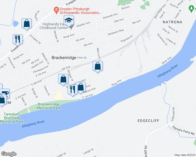 map of restaurants, bars, coffee shops, grocery stores, and more near 1106 Nelson Avenue in Brackenridge
