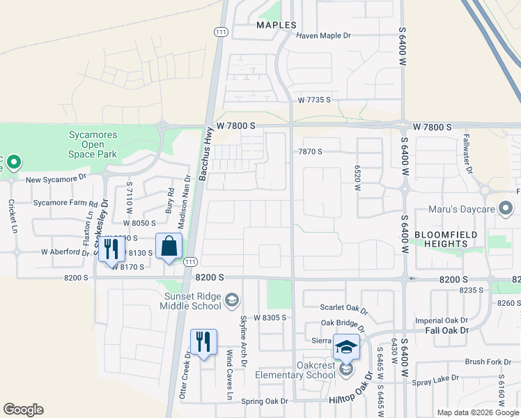 map of restaurants, bars, coffee shops, grocery stores, and more near 8014 Barton Ridge Road in West Jordan