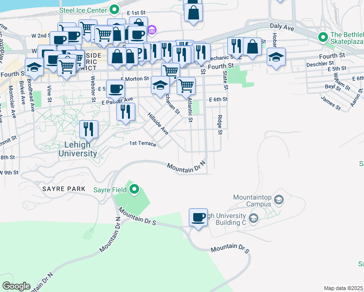 map of restaurants, bars, coffee shops, grocery stores, and more near 739 Hillside Avenue in Bethlehem