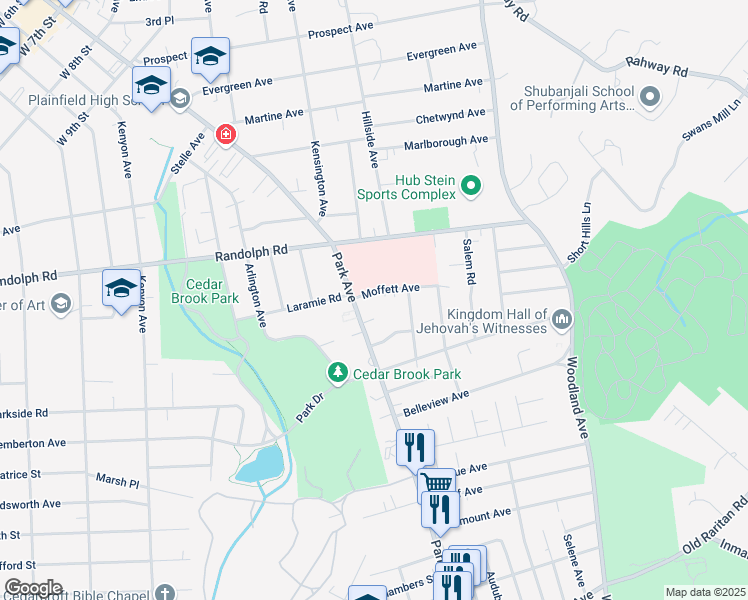 map of restaurants, bars, coffee shops, grocery stores, and more near 1267 Park Avenue in Plainfield