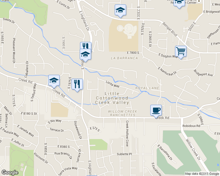 map of restaurants, bars, coffee shops, grocery stores, and more near 2147 Stream View Drive in Sandy