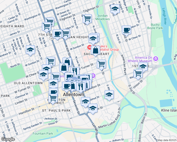 map of restaurants, bars, coffee shops, grocery stores, and more near 453 Linden Street in Allentown