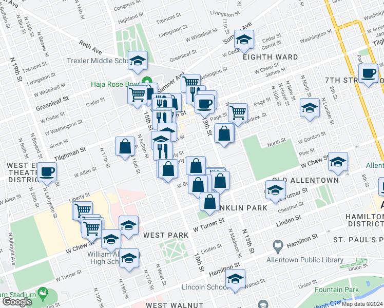 map of restaurants, bars, coffee shops, grocery stores, and more near 1353 Liberty Street in Allentown