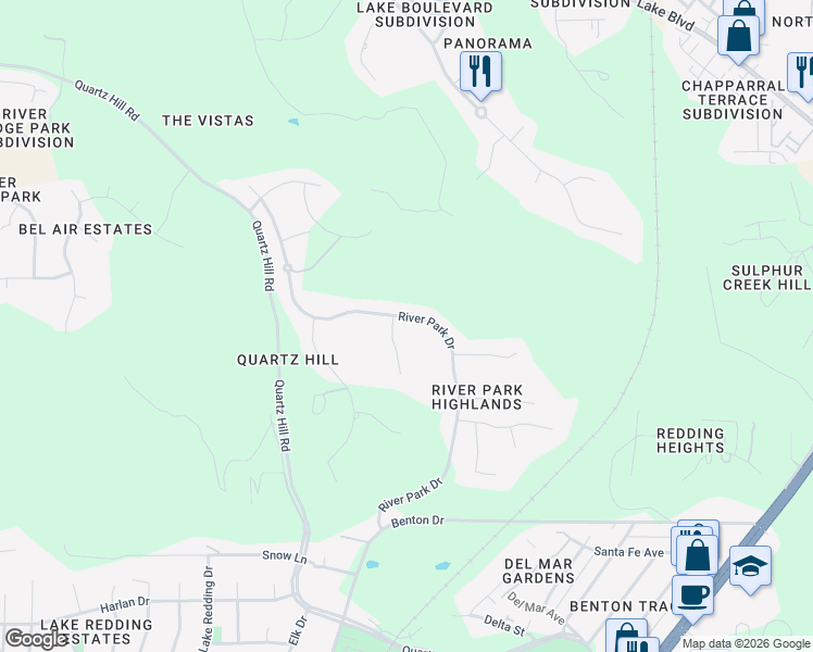 map of restaurants, bars, coffee shops, grocery stores, and more near 273 Shadowrun Ct in Redding