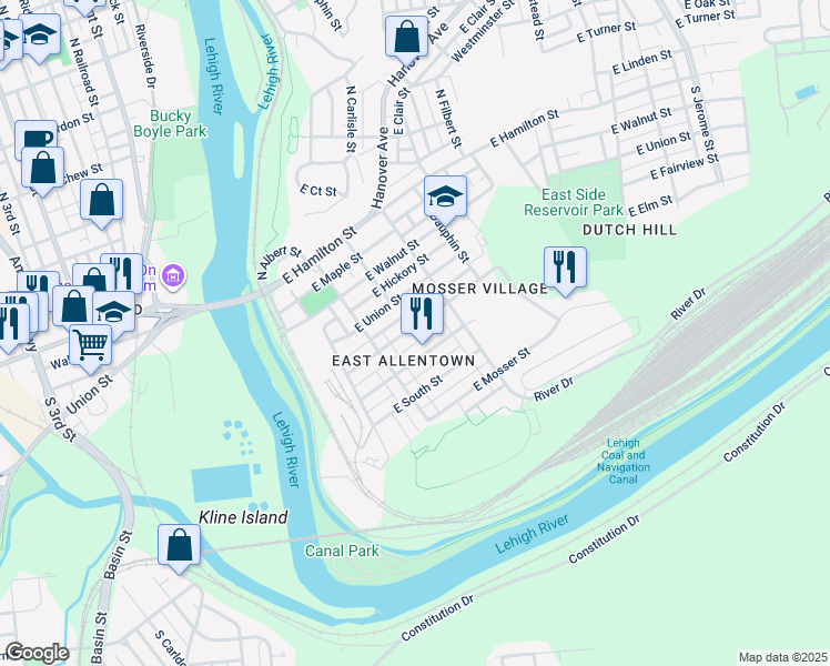 map of restaurants, bars, coffee shops, grocery stores, and more near 244 East Fairview Street in Allentown
