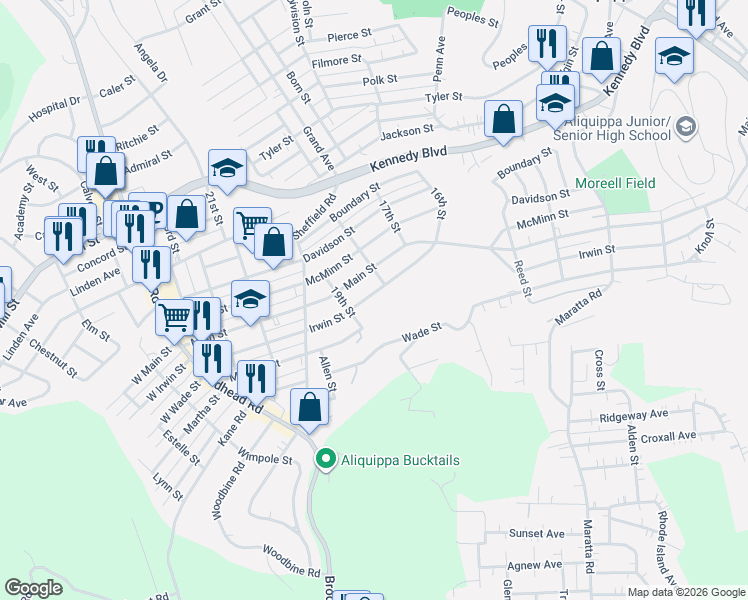 map of restaurants, bars, coffee shops, grocery stores, and more near 1103 19th Street in Aliquippa