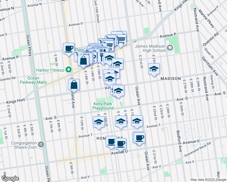 map of restaurants, bars, coffee shops, grocery stores, and more near 1816 East 17th Street in Brooklyn