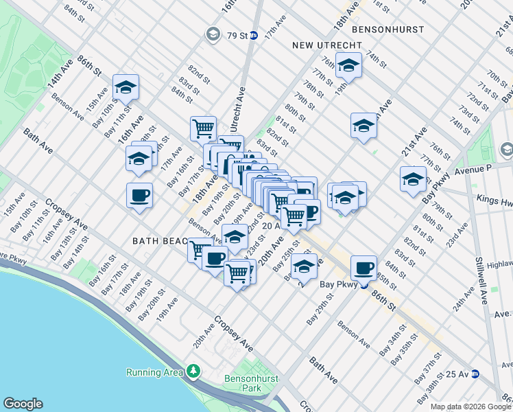 map of restaurants, bars, coffee shops, grocery stores, and more near 1908 86th Street in Brooklyn