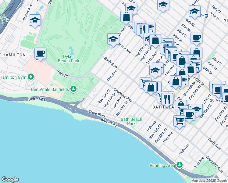 map of restaurants, bars, coffee shops, grocery stores, and more near 8860 16th Avenue in Brooklyn