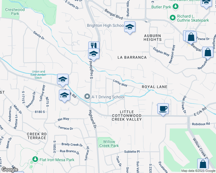 map of restaurants, bars, coffee shops, grocery stores, and more near 8052 Willow Stream Drive in Cottonwood Heights