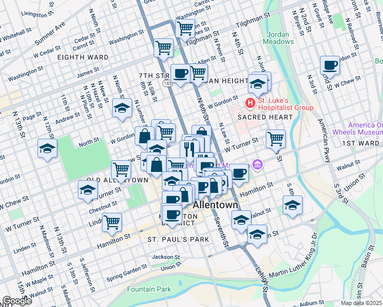 map of restaurants, bars, coffee shops, grocery stores, and more near 220 North 7th Street in Allentown
