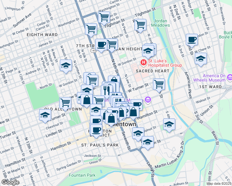 map of restaurants, bars, coffee shops, grocery stores, and more near 202 North 7th Street in Allentown