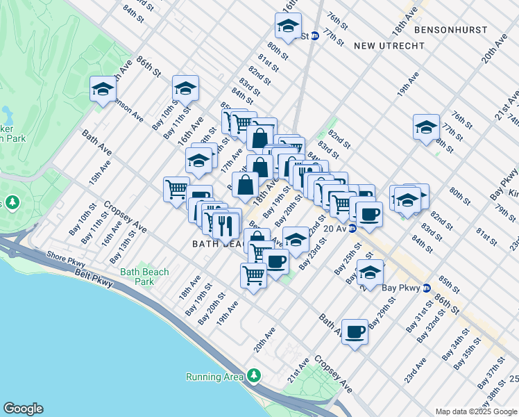 map of restaurants, bars, coffee shops, grocery stores, and more near 102 Bay 19th Street in Brooklyn