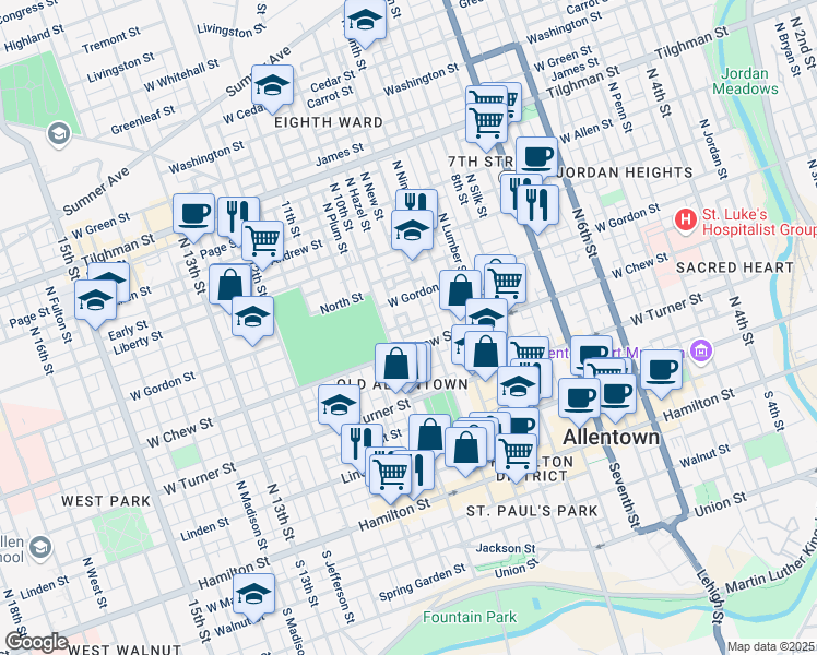 map of restaurants, bars, coffee shops, grocery stores, and more near 944 Pine Street in Allentown