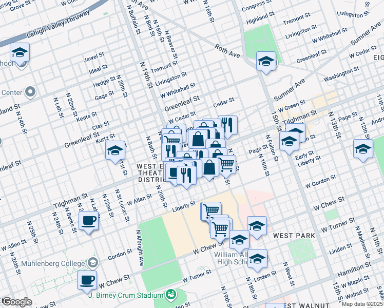 map of restaurants, bars, coffee shops, grocery stores, and more near 1819 Tilghman Street in Allentown