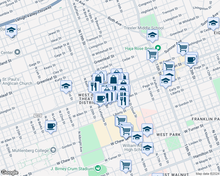 map of restaurants, bars, coffee shops, grocery stores, and more near 1819 Tilghman Street in Allentown