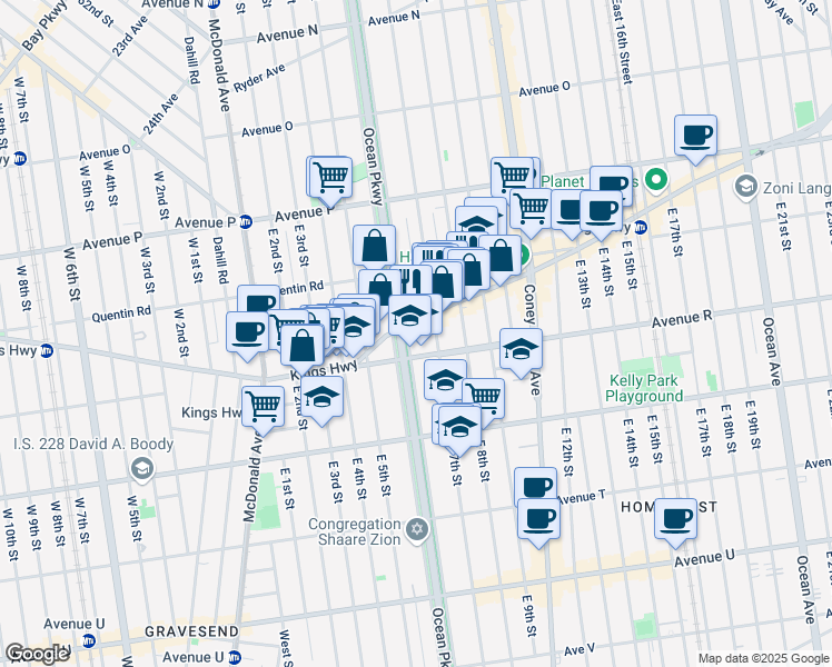 map of restaurants, bars, coffee shops, grocery stores, and more near 1777 Ocean Parkway in Brooklyn