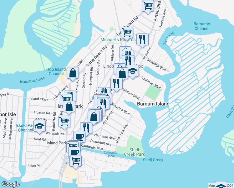 map of restaurants, bars, coffee shops, grocery stores, and more near 4271 Broadway in Island Park