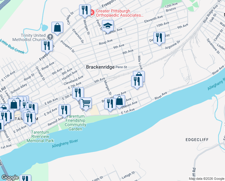 map of restaurants, bars, coffee shops, grocery stores, and more near 921 Brackenridge Avenue in Brackenridge
