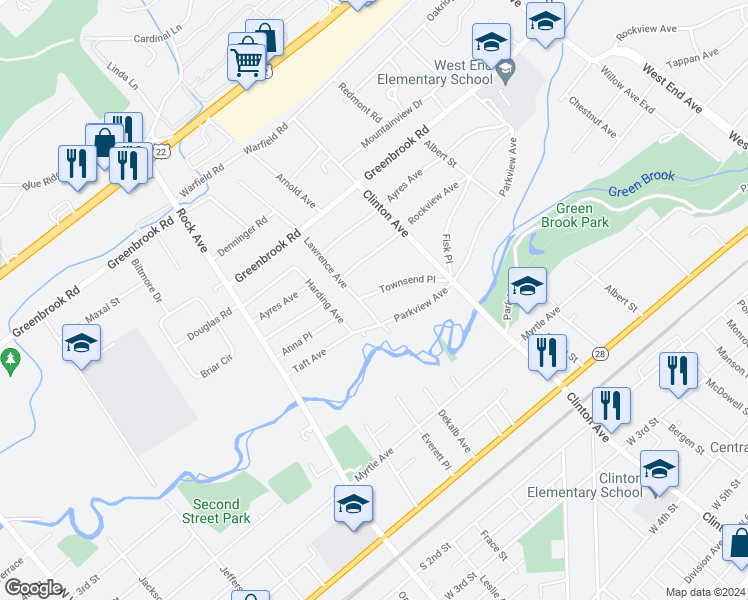map of restaurants, bars, coffee shops, grocery stores, and more near 144 Lawrence Avenue in North Plainfield